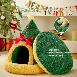 Christmas Tree Shaped Pet Cave – Cozy Winter Cat Bed & Enclosed Cat House PawBayPets