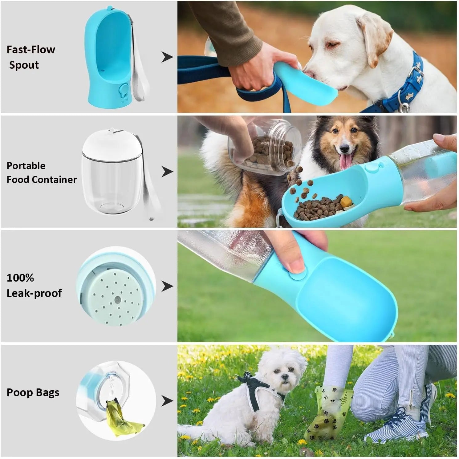 3-in-1 Dog Water Bottle with Food Storage & Poop Bag Dispenser | Leakproof Travel Design PawBayPets