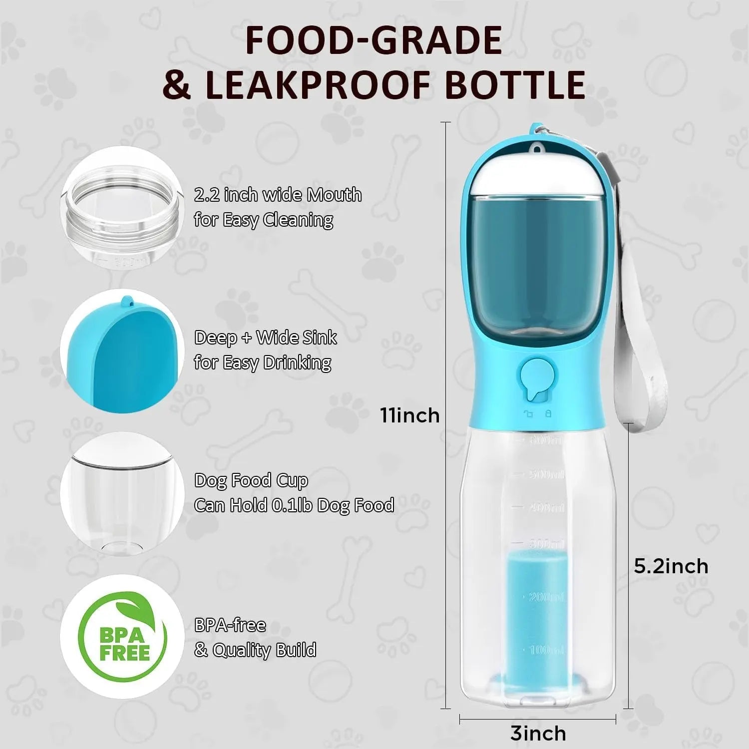3-in-1 Dog Water Bottle with Food Storage & Poop Bag Dispenser | Leakproof Travel Design PawBayPets
