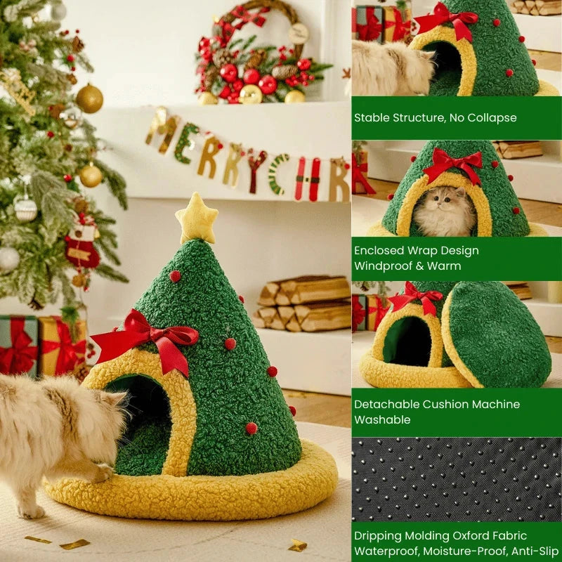 Christmas Tree Shaped Pet Cave – Cozy Winter Cat Bed & Enclosed Cat House PawBayPets