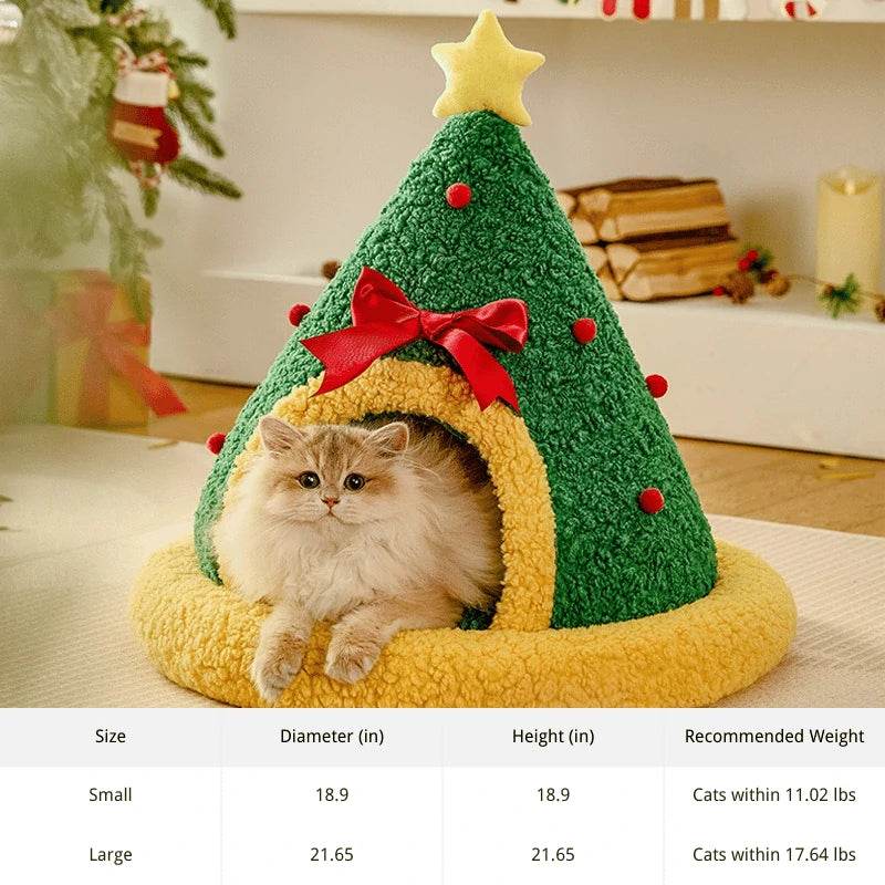 Christmas Tree Shaped Pet Cave – Cozy Winter Cat Bed & Enclosed Cat House - PawBayPets
