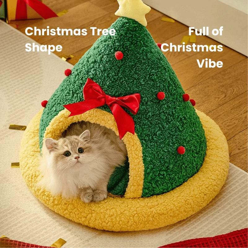 Christmas Tree Shaped Pet Cave – Cozy Winter Cat Bed & Enclosed Cat House - PawBayPets