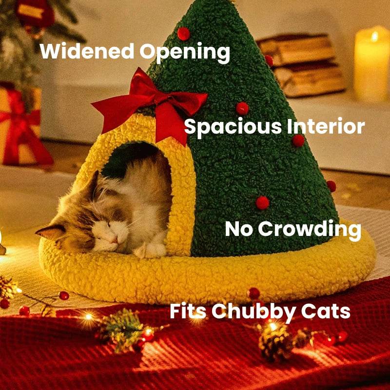 Christmas Tree Shaped Pet Cave – Cozy Winter Cat Bed & Enclosed Cat House - PawBayPets