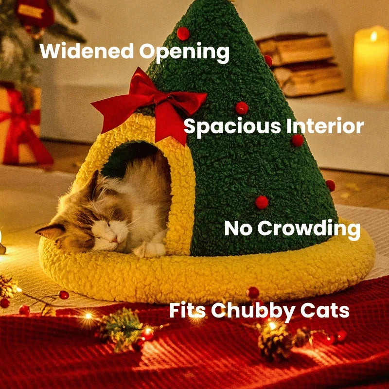 Christmas Tree Shaped Pet Cave – Cozy Winter Cat Bed & Enclosed Cat House PawBayPets