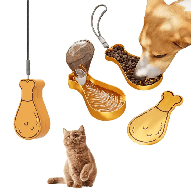 Outdoor Portable Multi-functional Pet Water Bottle & Slow Feeder Dishes in Chicken Leg Shape - Orange - PawBayPets