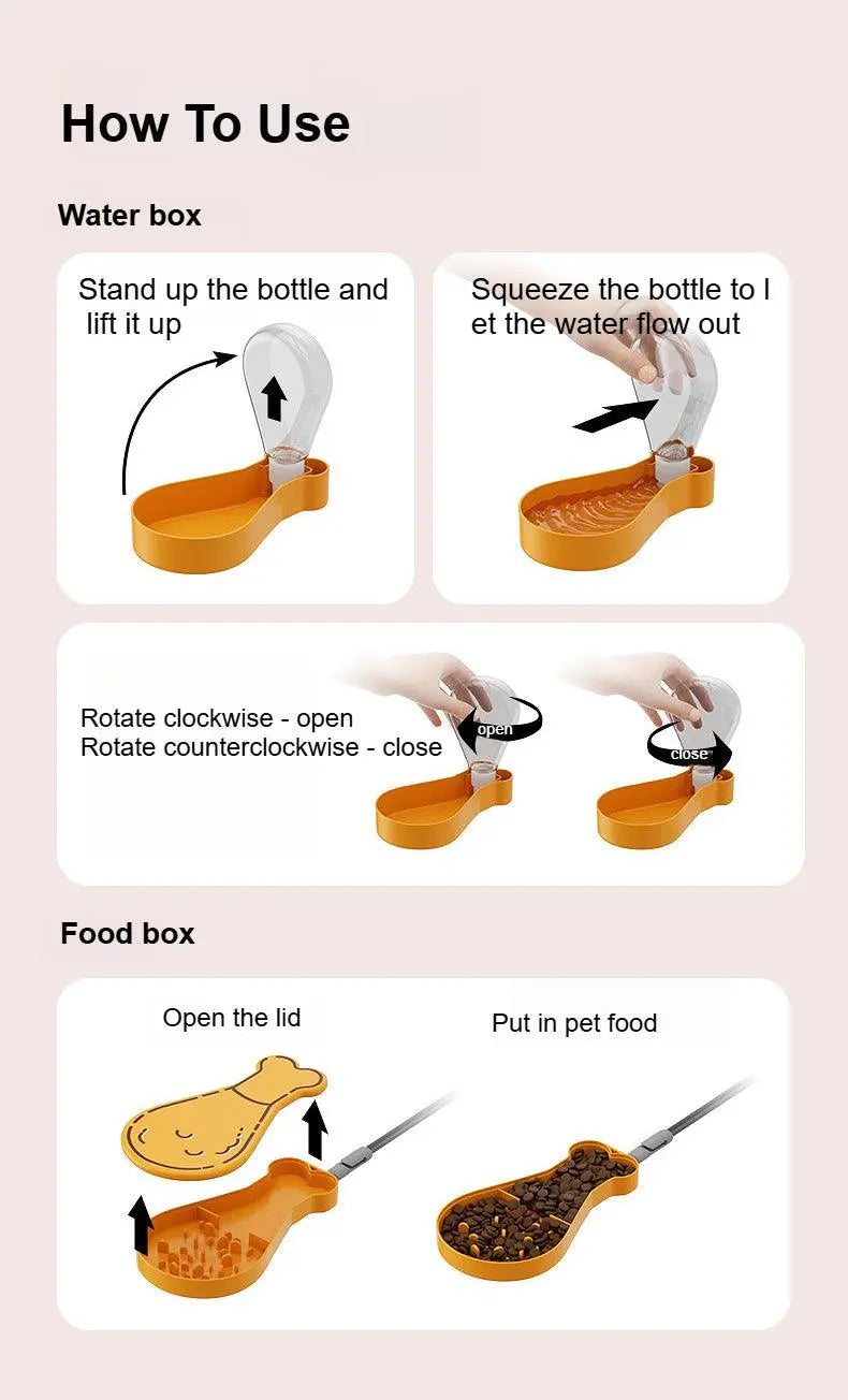 Outdoor Portable Multi-functional Pet Water Bottle & Slow Feeder Dishes in Chicken Leg Shape - Orange - PawBayPets